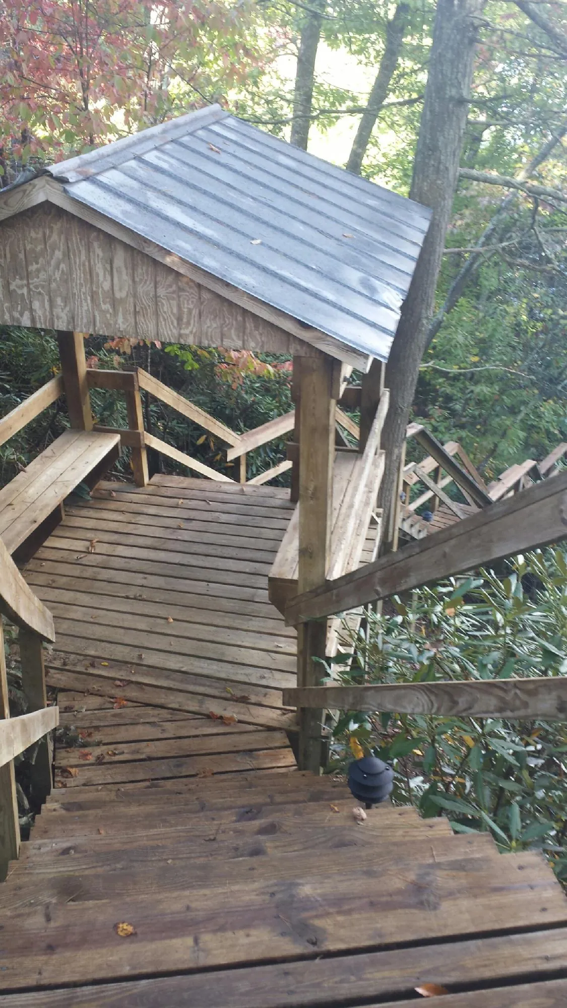 Metal roofed shelter over wooden steps on a wooded walkway — Skylight Repair & Installation work by our crew in Tate